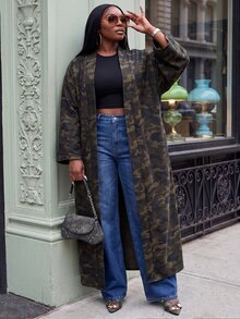Slaydiva Spring/Autumn New Casual, Music Festival, Street, School, Back To School, Holiday Occasions Item Loose Camouflage Pattern Long Women's Plus Size Jacket-A - Army Green - View 5