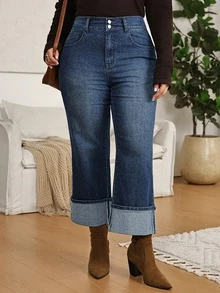 EMERY ROSE Plus Size Casual High-Waisted Straight-Leg Jeans, Comfort-Stretch Plus-Size Denim Pants,Cuffed Jeans,Weekend Outfit,Winter Outfit,Halloween,Christmas - Blue - View 9