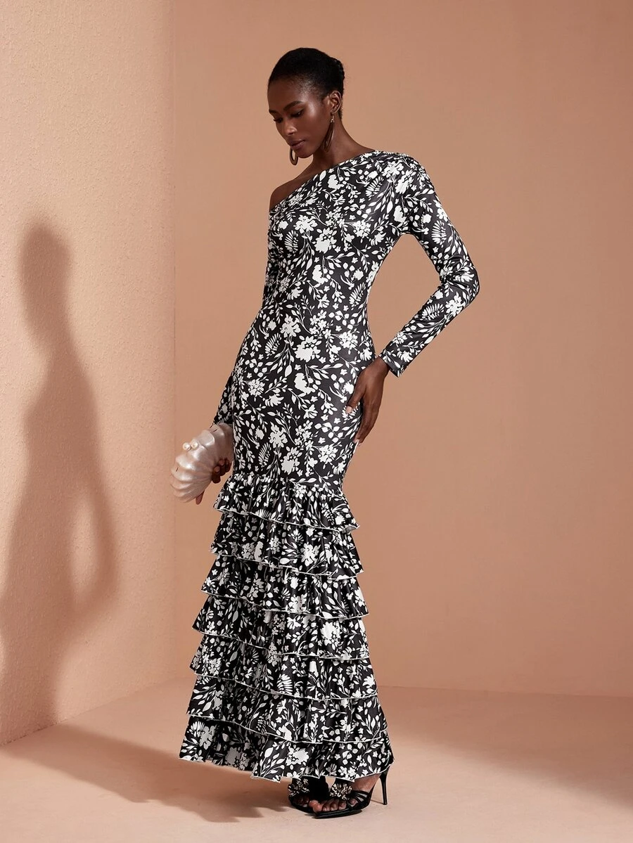 JIAN LASALA Gaun Panjang Rajut Satu Bahu Model Batwing Lengan Panjang dengan Detail Kerut dan Beberapa Lapisan, Elegan untuk Liburan. - MultiWarna - View 1