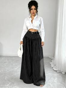 Elenzga 法式風垂墜寬腿條紋修身長褲，優雅通勤休閒女款長褲 - 黑色 - 查看 3