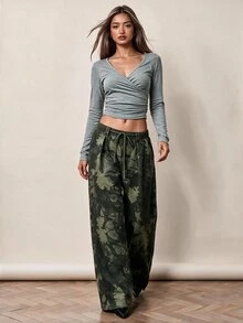 Rina Fox Leaf Print Elastic Waist Drawstring Wide Leg Pants, Casual Loose High Waist Flowy Trousers - Army Green - View 4