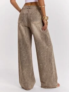 SHEIN BAE Women's Straight Leg Loose Casual Versatile Denim Jeans With Pockets, Fall Winter Outfits For Women, Khaki Jeans, Casual Versatile Low Ride Jeans. - Khaki - View 2