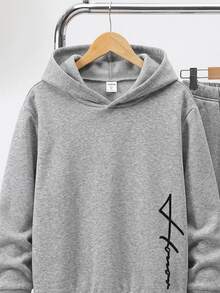 SHEIN طقم هودي وبنطال رياضي من قطعتين للمراهقين، كاجوال متعدد الاستخدامات ومريح، بنقشة خطوط وطباعة حروف، محبوك، للخريف - رمادي - مشاهدة 5