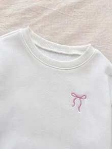 SHEIN Baby Girl Contrast Color Bow Print Cute Fleece Dropped Shoulder Thick Crew Neck Pullover Sweatshirt, Suitable For Winter - White - View 5