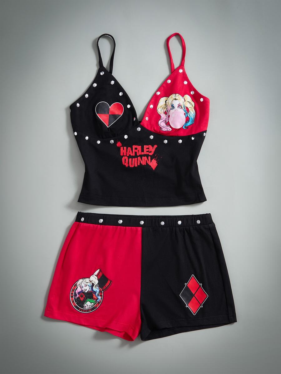 Harley Quinn X SHEIN Women's Cartoon Print Camisole Top And Rivet Contrast Color Shorts 2 Pieces Set - Black - View 1