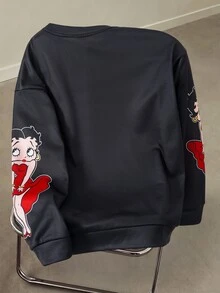 Betty Boop x SHEIN Men's Heart Print Long Sleeve Casual Pullover Sweatshirt - Black - View 2
