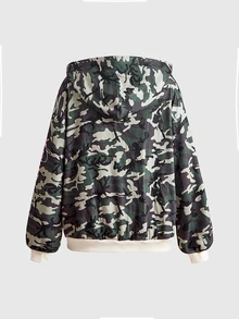 ROMWE Street Life Street Style Camo Colorblock Letter Print Rhinestone Women's Hooded Zip-Up Sweatshirt - Army Green - View 3