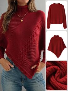 SHEIN 2 Pieces Turtleneck Sweater Set Fringe Cable Knit Asymmetrical Cape Shawl Long Sleeve Ribbed Top - Red - View 7