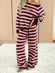 SHEIN EZwear Women Fall/Winter Sets Casual Home Cute Striped Knit 2 Pieces Set - Multicolor - View 4