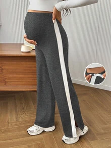 GentleRue Maternity 舒適休閒孕婦側邊拼色直筒緊身褲 - 深灰色 - 查看 3