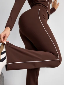Dewbera Dewbera Women's Colorblock Trim Jacket & Flare Pants Sports Set - Brown - View 3