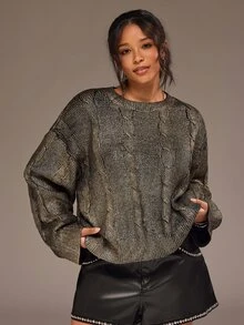 Freevana Plus Size Women's Vintage Cable Knit Gold Foil Design Long Sleeve Loose Fit Sweater - Black - View 3