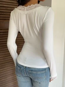 CovetEZ Women's Lace Patchwork Fitted Versatile Daily Long Sleeve T-Shirt - White - View 2