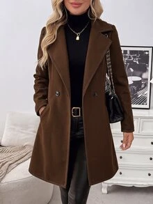 SHEIN 女款優雅休閒通勤黑白拼接長款大衣 - 棕色 - 查看 3
