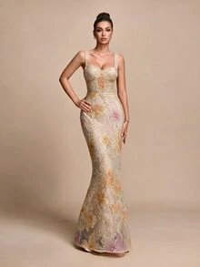 Glamine Floral Sequin Mesh Elegant Evening Dress - Apricot - View 3