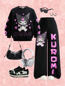 HELLO KITTY AND FRIENDS | SHEIN Set Kasual Sweatshirt Lengan Panjang dan Celana Olahraga dengan Motif Huruf untuk Remaja Perempuan - Hitam - View 1