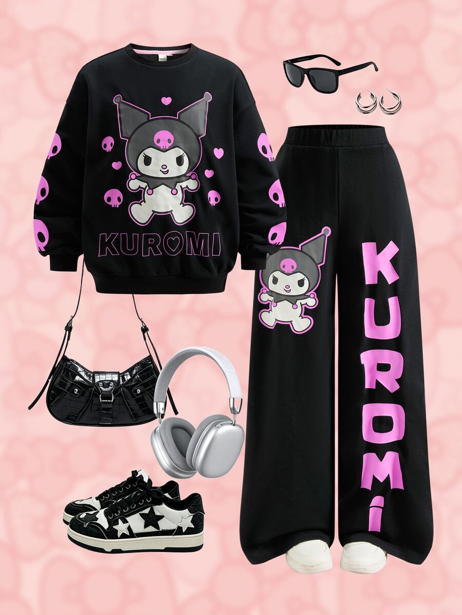 HELLO KITTY AND FRIENDS | SHEIN Set Kasual Sweatshirt Lengan Panjang dan Celana Olahraga dengan Motif Huruf untuk Remaja Perempuan - Hitam - View 1