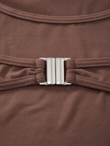 SHEIN Velisys Solid Color Halter Neck Cropped 2 In 1 Sports T-Shirt - Brown - View 6