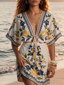 CAJUNI Women's Floral Print Tie-Up Vacation Dress For Beach Vacation Blue Floral Summer Tropical Boho - Blue - View 8