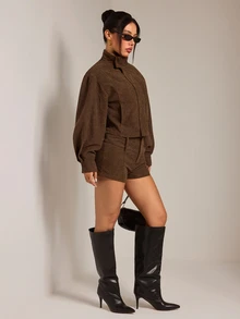 SHEIN PETITE Brown Corduroy Women's Jacket And Shorts Casual Set - Brown - View 3