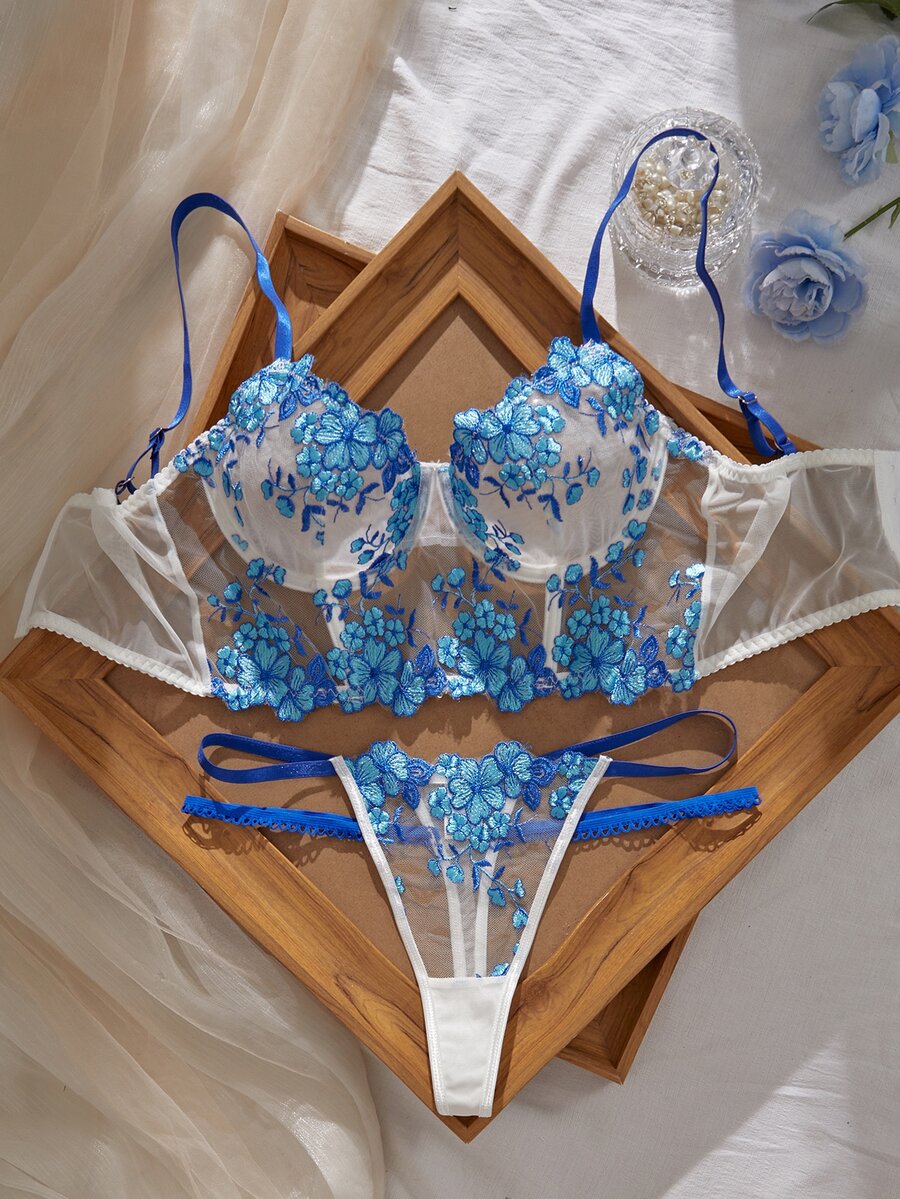 Myrelith 2pcs Colorful Embroidered Contrast Mesh Underwire Bra And Panty Set - Multicolor - View 1