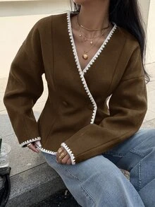 Siren Gaze Autumn/Winter Solid Color Double-Button Placket Coat, Contrast Color Shell Embroidery Jacket, Suitable For Daily Street Wear, Asymmetrical Collar, Coat, Autumn/Winter Casual Slim Fit Jacket, Winter Women, Winter Women's Clothing, Women's French Style Outwear - Brown - View 5