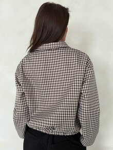 Aloruh 女款優雅通勤休閒秋冬格子棕色長袖夾克，老錢風學院風外套 - 棕色 - 查看 2