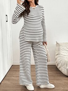 SHEIN 孕婦條紋長袖上衣與可調腰長褲休閒日常兩件套 - 黑與白 - 查看 4