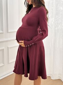 SHEIN Maternity Autumn/Winter Casual Knit Dress - Burgundy - View 3