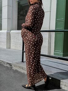 Lyckli Elegant Maternity Polka Dot Print Slim Fit Commuter Dress - Brown - View 2