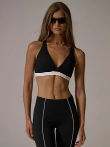 Musera Sport V Plunge Twist Back Contrast Colour Sports Bra Coord Top Fall Autumn Winter Gym Active Pilates Motion - Black - View 1