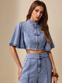 Selenza Women's Frog Button Design Ruffle Short Sleeve Cropped Denim Jacket - Blue - View 7