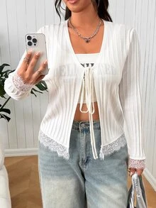 SHEIN EZwear Plus Size Women's Solid Color Contrast Lace Cuff Front Tie Jacket - White - View 1