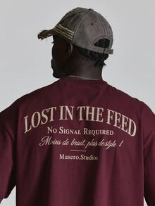 Musero Oversized Drop Shoulder Tshirt "Lost In The Feed"Graphic Print Crew Neckline Autum Winter Essentials - Purple - View 6
