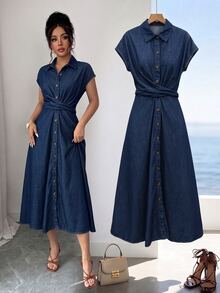 Elenzga Batwing Sleeve Ruched Button-Down Washed Denim Dress, Fashionable And Elegant - Dark Wash - View 1