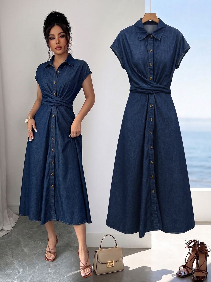 Elenzga Batwing Sleeve Ruched Button-Down Washed Denim Dress, Fashionable And Elegant - Dark Wash - View 1