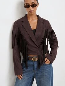 Maija Short Jacket With Fringe, Urban Style, Autumn/Winter - Brown - View 6