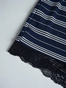 INAWLY Solva 大尺碼女款蕾絲飾邊條紋背心短褲休閒日常兩件套 - 寶藍色 - 查看 5