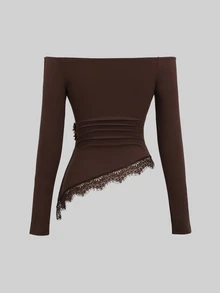 Sweetra Women's Autumn/Winter Off-Shoulder Long Sleeve Top With Split Hem, Lace Trim And Metal Decor Design T-Shirt - Coffee Brown - View 2