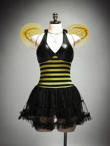 SHEIN ICON Plus Size Y2K Halter Neck Yellow & Black Striped Bee Cosplay Top, Halloween Costume - Multicolor - View 3