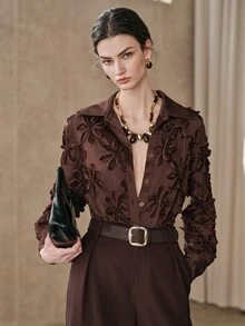 Anewsta New Versatile Fashion Modern Embroidered Design Commuter Women's Blouse - Coffee Brown - View 3