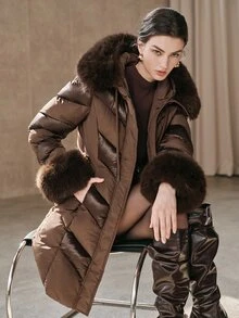 Anewsta Women's Plush Patchwork Casual Versatile Winter Padded Coat - Coffee Brown - View 7