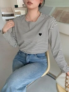 Dazy Plus Wavy Frill Trim Striped Loose Contrast Color Edge Long Sleeve T-Shirt, Spring/Autumn New Casual Top - Black and White - View 6