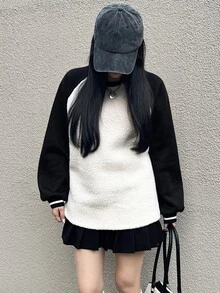 FRIFUL Women's Back Embroidery Contrast Color Long Sleeve Sweatshirt For Vacation And Travel Fall - Black and White - View 5