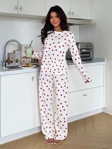 ZzzCrew Women's All-Over Heart Print Ribbed Fleece Pajama Set With Elastic Cuffs And Hem - White - View 5