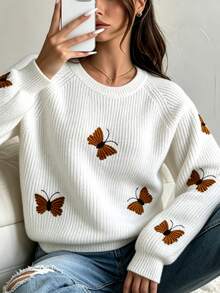 SHEIN Women's Knitted Pullover Top With Butterfly Embroidery - White - View 6
