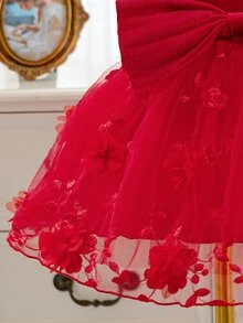 SHEIN 女嬰公主洋裝，紅色3D刺繡網紗洋裝，大蝴蝶結，生日派對、婚禮節日洋裝，無袖，聖誕節 - 紅色 - 查看 5