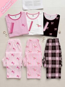 [隨機發貨 3 款中的 1 款]女童春夏秋冬甜美風居家服，粉黑配色拼接，可愛小狗、小馬與蝴蝶結圖案印花，針織圓領長袖上衣搭配寬鬆條紋長褲，休閒甜美時尚 2 件套睡衣 - 珊瑚粉 - 查看 3