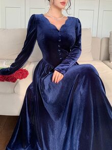 Feyla New Vintage Design Wavy Edge Button-Up Cinched Waist Pleated A-Line Slimming Velvet Dress - Navy Blue - View 2