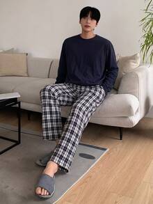 DAZY Spring/Summer Red Plaid Pants & T-Shirt Men's Loungewear Set - Navy Blue - View 4